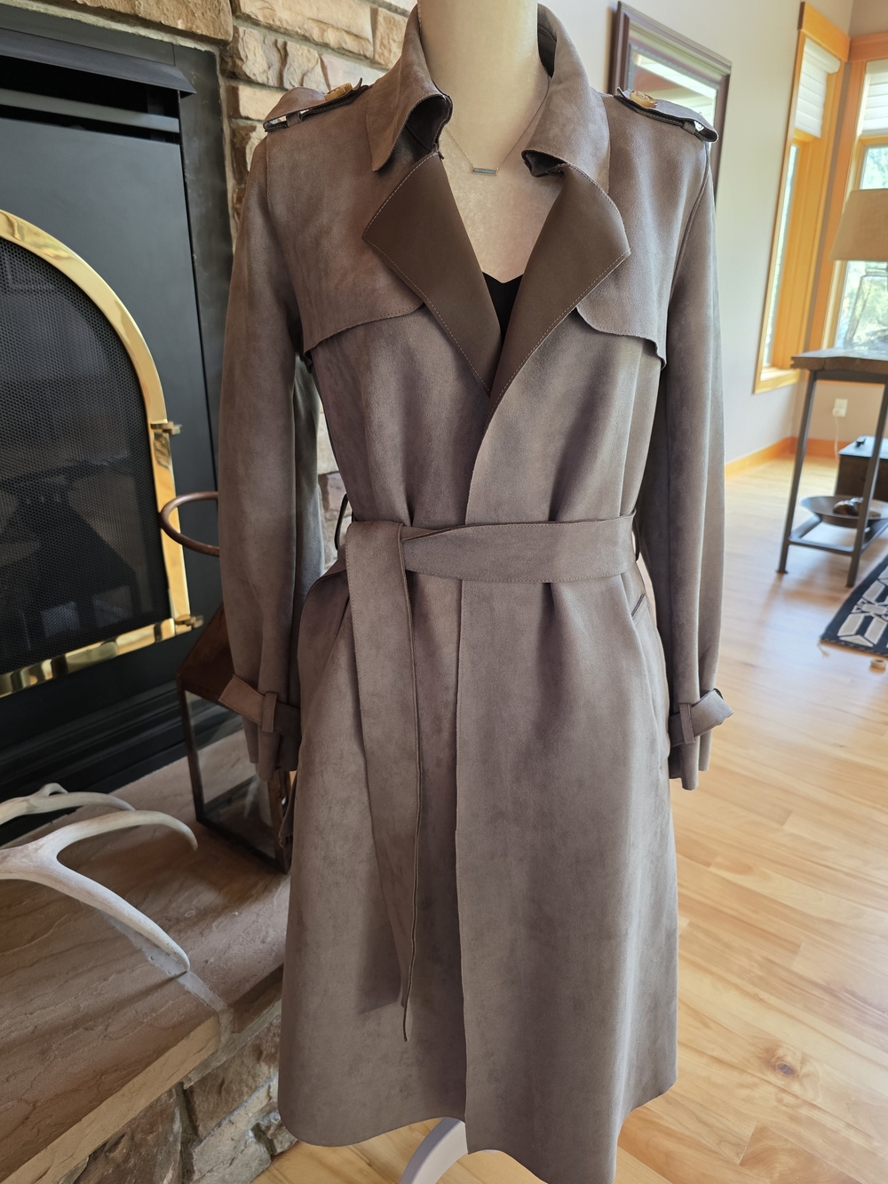 Suede Look Trench Coat - Taupe Belted Women's Coat
